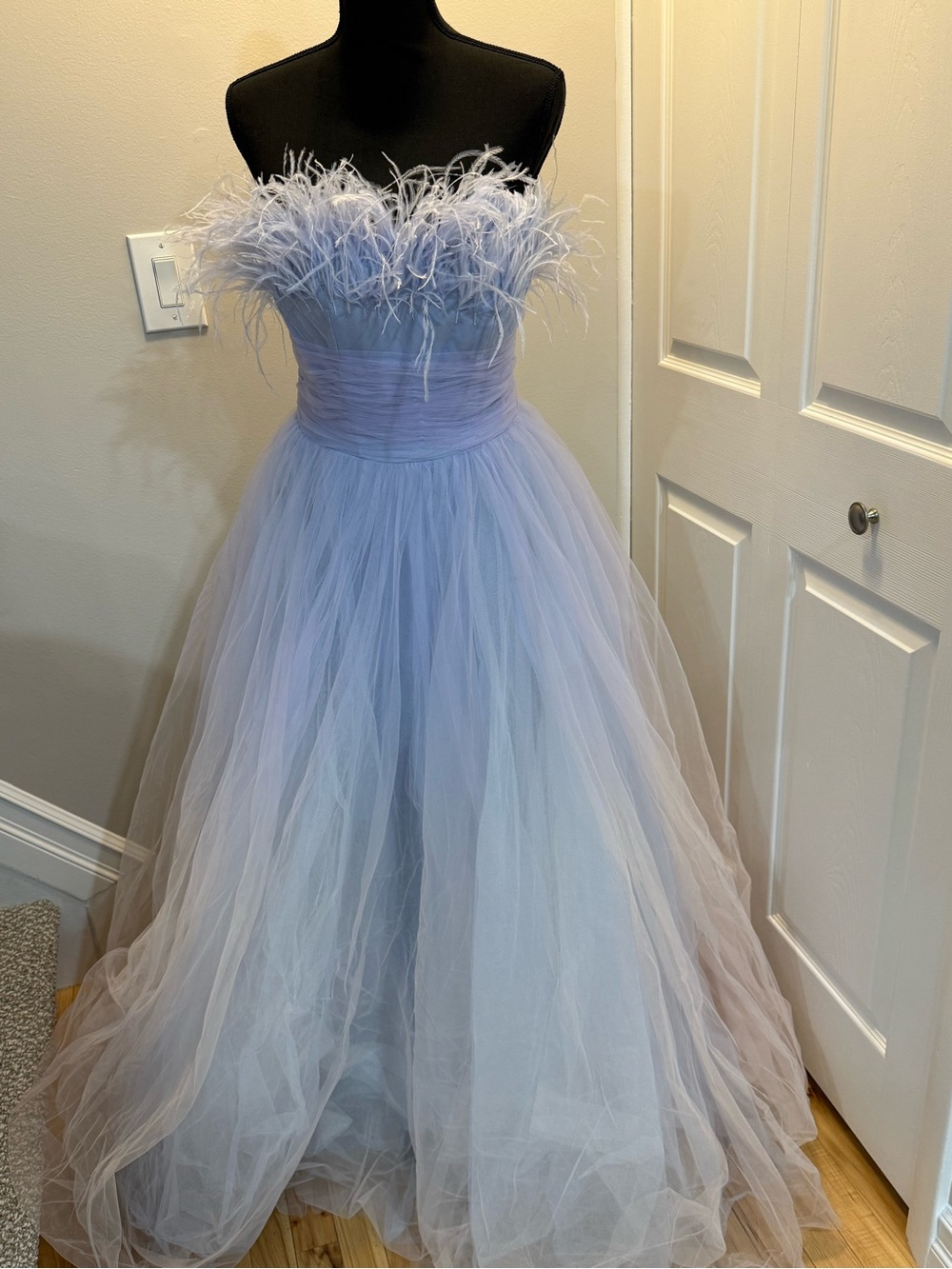 MAC DUGGAL Feather Trim Tulle Gown in Light Blue OMBRÉ - Picture 4 of 7
